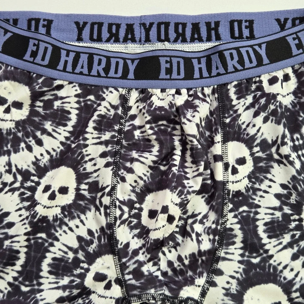 Ed Hardy Mens Boxer Briefs Large Black‎ White Tie Dye Skull Waistband Underwear